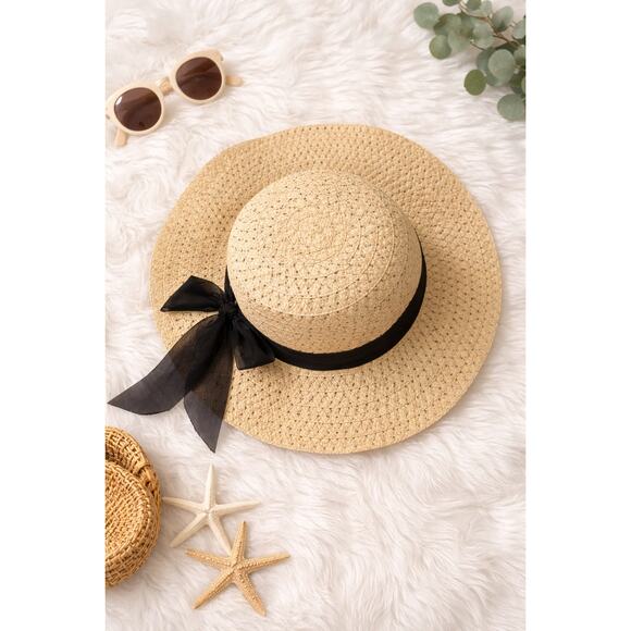 Straw Wide Brim Sun Hat Black Ribbon Bow Natural One Size - Picture 2 of 9